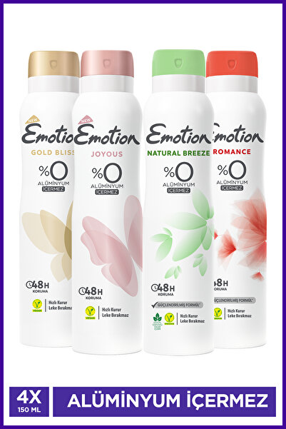 Emotion Kadın Vegan Deodorant 4x150 Ml (Romance,Breeze, Gold Bliss & Joyous) Hızlı Kurur, Leke Bırakmaz