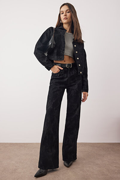 Trendyol Collection Black Black Suede Look Flock Printed High Waist Wide Leg Jeans High Waist Jeans Twoaw26Je00309