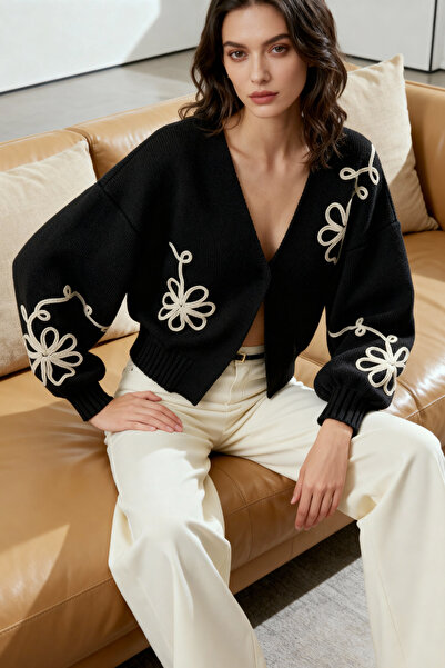 Trendyol Collection Černý pletený svetr s výstřihem do V s výšivkou TWOAW25HI00291