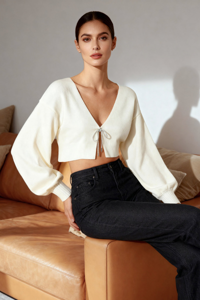 Trendyol Collection Ecru Super Crop Bow Detailní pletený cardigan - Twoaw24Hi00315