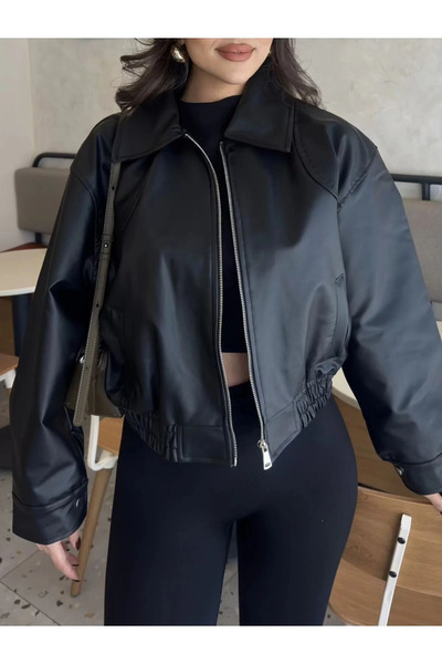 MODA Dámská černá kožená bunda Bomber Kožená bunda Bomber