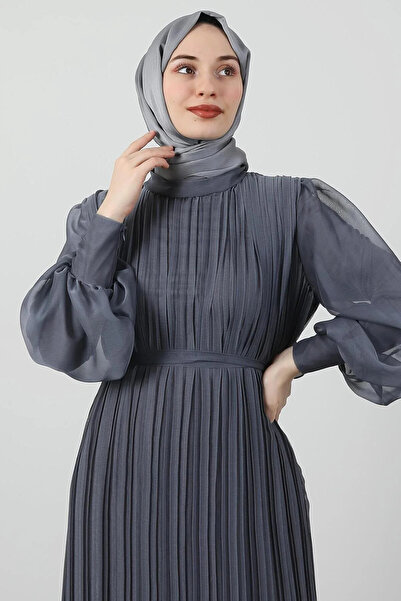 Giza Giyim Pleated Janjan Evening Dress Dark Gray