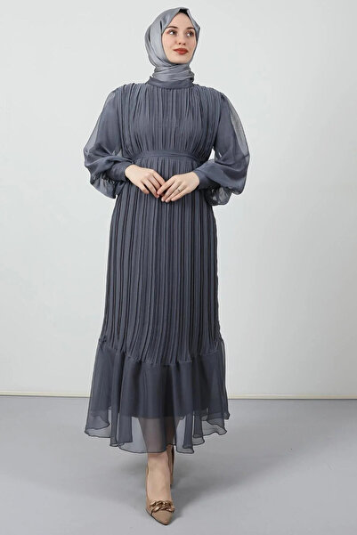 Giza Giyim Pleated Janjan Evening Dress Dark Gray