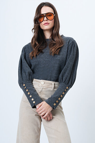 Trend Alaçatı Stili Anthrazitfarbene Damen-Strickbluse mit breiten Manschette...