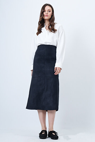 Trend Alaçatı Stili Fusta maxi pentru femei, albastru bleumarin, cu fermoar ascuns, cu cusături, din piele artificială de căprioară ALC-X14407