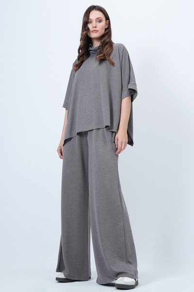 Trend Alaçatı Stili Nerzfarbener Rollkragenmantel und Hose mit doppelten Taschen für Damen, Set ALC-X14670