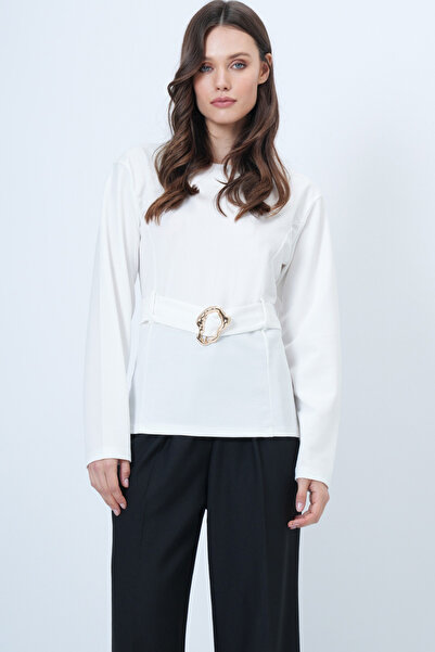 Trend Alaçatı Stili Women's Ecru Self-Belted Blouse with Gold Accessory Detail Alc-X14699