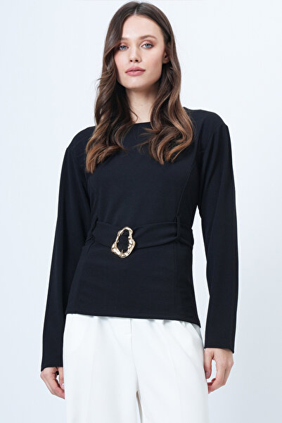 Trend Alaçatı Stili Women's Black Self-Belted Blouse with Gold Accessory Detail Alc-X14699