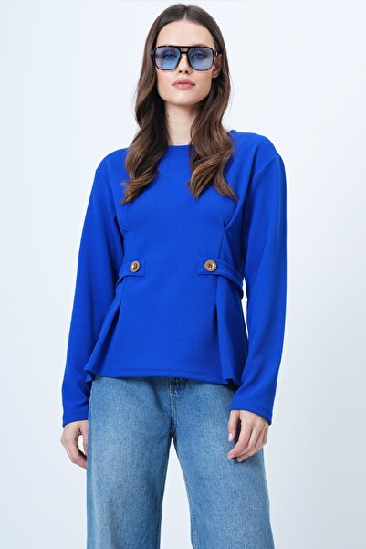 Trend Alaçatı Stili Women's Saks Wide Neckline Blouse with Pin and Button Detail Alc-X14701