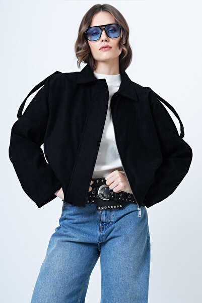 Trend Alaçatı Stili Women's Black Shoulder Epaulettes Lined Faux Suede Bomber Jacket Alc-X14526