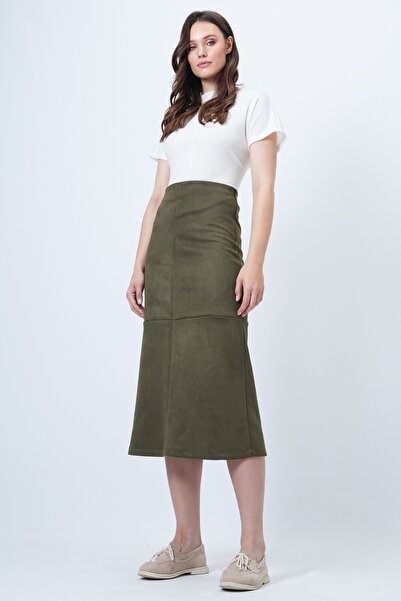 Trend Alaçatı Stili Women's Khaki Hidden Zipper Stitching Detail Faux Suede Maxi Skirt Alc-X14407