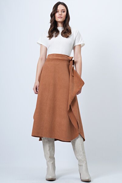 Trend Alaçatı Stili Fusta asimetrică scorțișoară pentru femei croială cu detaliu de legare în talie ALC-X14690