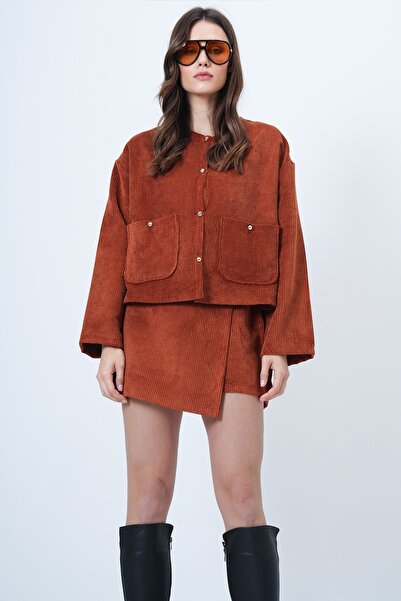 Trend Alaçatı Stili Women's Cinnamon Brown Double Pocket Velvet Jacket and Wrap Cut Shorts Skirt Set Alc-X14688