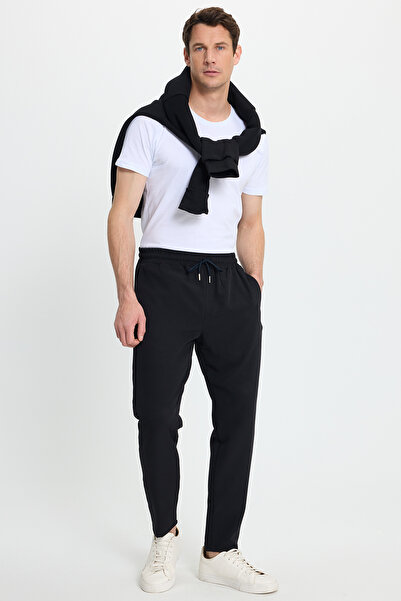 Tudors Men's Regular Fit Elastic Waist Lace-Up Jogger Black Trousers Relaxed Fit Side Pockets