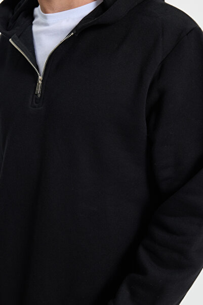 Tudors Φούτερ Unisex Relax Fit Relaxed Cotton Fleece Εσωτερικό με μισό φερμουάρ Μαύρη κουκούλα