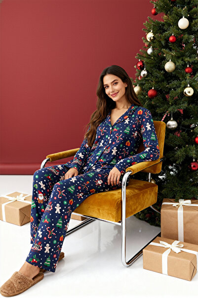 Trendyol Collection Sötétkék 100% pamut karácsonyi témájú kötött pizsama szett THMAW24PT00052