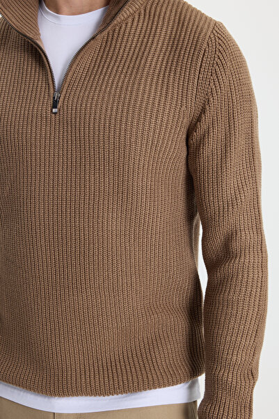 Tudors Ανδρικό πουλόβερ εφαρμοστό με φερμουάρ, σκούρο βιζόν ψηλός λαιμός πλεκτό πουλόβερ