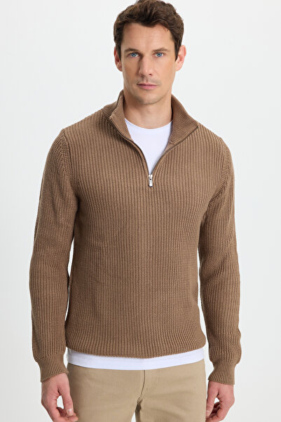 Tudors Ανδρικό πουλόβερ εφαρμοστό με φερμουάρ, σκούρο βιζόν ψηλός λαιμός πλεκτό πουλόβερ