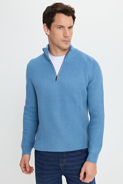 Tudors Ανδρικό πλεκτό πουλόβερ με λεπτή εφαρμογή με φερμουάρ Indigo Stand Collar