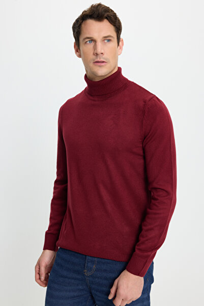 Tudors Ανδρικό πλεκτό πουλόβερ με λεπτή εφαρμογή με απαλή υφή, χωρίς τρίχες, μπορντό με πλήρες ζιβάγκο