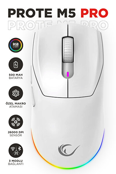 Rampage PROTE M5 PRO Kablosuz Beyaz RGB Ledli Şarjlı 26000 DPI 3395 Sensor Gaming Oyuncu Mouse