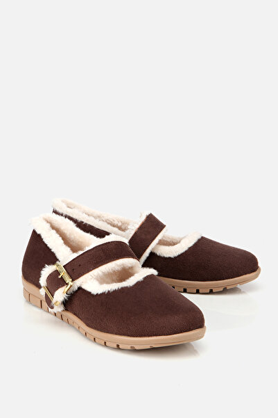 Yaya by Hotiç Women's Brown Fur Belted Mary Jane Ballerinas