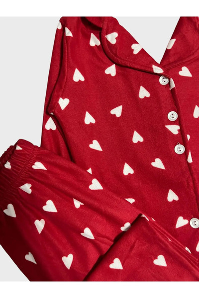 ALİŞ KİDS Kız Çocuk Pamuklu Süet Kırmızı Kalp Desenli Gömlek Yaka Boydan Düğmeli Uzun Kollu Pijama Takımı