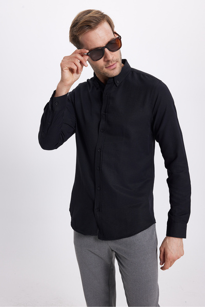 Tudors Ανδρικό πουκάμισο Oxford με εφαρμοστό, μακρυμάνικο, βαμβακερό, ύφασμα Oxford, εύκολο σιδέρωμα, μαύρο με κουμπιά και γιακά