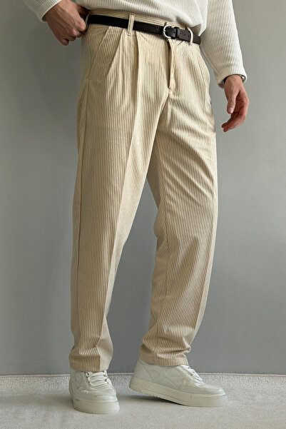 Trendyol Collection Ecru Men's Baggy Fit Velvet Trousers Tmnaw26Pl00022