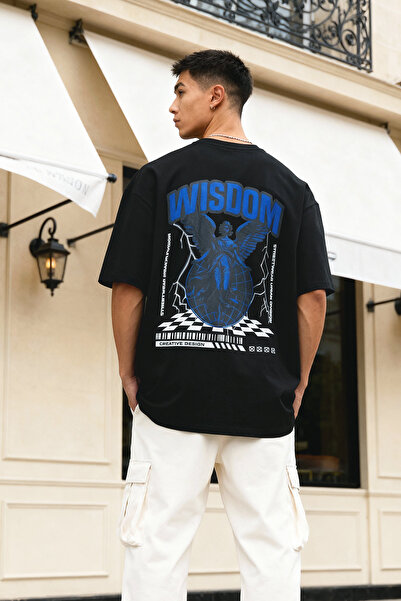 Trendyol Collection Black Oversize/Wide Fit Wizdom Back Printed 100% Cotton T-Shirt