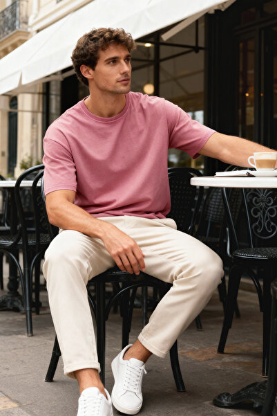 Trendyol Collection Μπλουζάκι Oversize Dusty Rose Cotton Basic - Χαμηλό ώμο, τετράγωνο κόψιμο TMNAW25TS00008