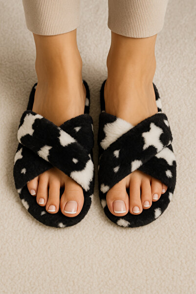 Beyond Women's Dalmatian Patterned Black and White Cross-Strapped Furry House Slippers Byndcap01