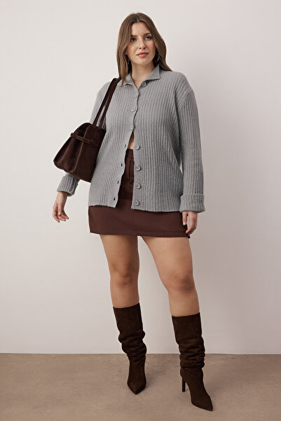 Trendyol Curve Grey Soft Textured Stand Collar Knitwear Cardigan Tbbaw26Av00030