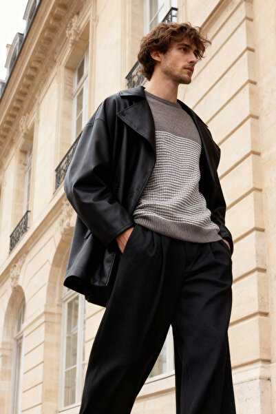 Trendyol Collection Πουλόβερ με ριγέ λαιμόκοψη ποδηλάτου με λεπτή εφαρμογή Mink TMNAW21KZ0557