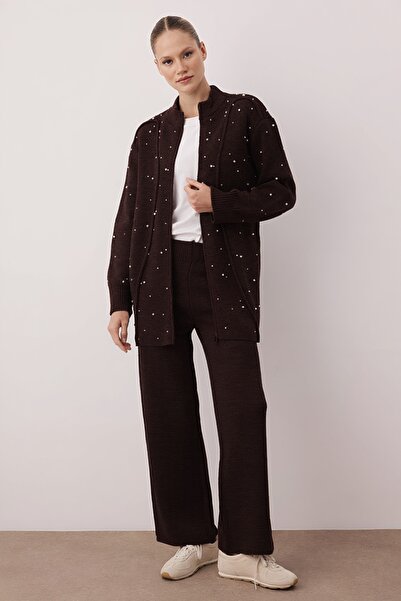 Trendyol Modest طقم ملابس محتشمة من تريكو مسطح ذو طبقتين عادي بلون بني لؤلؤي - طقم علوي وسفلي TCTAW26US00029