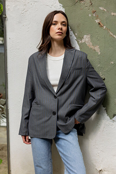 Trendyol Collection Anthracite Dark Blue Striped Oversized Blazer Jacket Twoaw26Bc00025