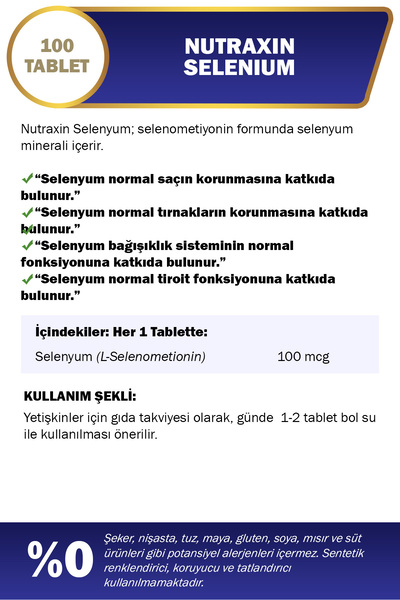Nutraxin Selenium 100 mcg 100 Tablet | L-Selenometionin Formu | Antioksidan & Bağışıklık Desteği