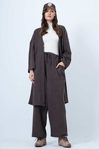 Trend Alaçatı Stili Women's Bitter Brown Self Textured Knitted Long Kimono and Double Pocket Palazzo Pants Set Alc-X14387