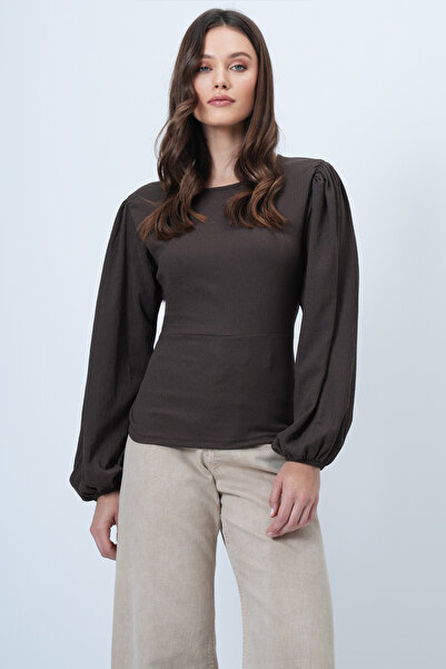 Trend Alaçatı Stili Women's Brown Princess Sleeve Boat Neck Waist Corset Blouse Alc-X14684