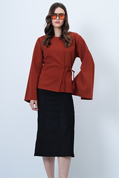 Trend Alaçatı Stili Women's Tile Double-Breasted Tie Detail Slit Sleeve Blouse Alc-X14687