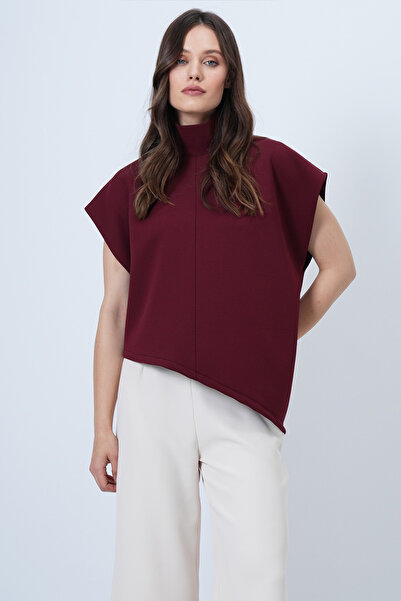 Trend Alaçatı Stili Women Burgundy Mock Neck Asymmetric Cut Sleeveless Blouse Alc-X14686
