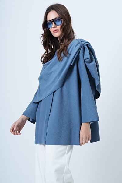 Trend Alaçatı Stili Women's Indigo Blue Shawl Detailed Fleece Jacket Alc-X14683