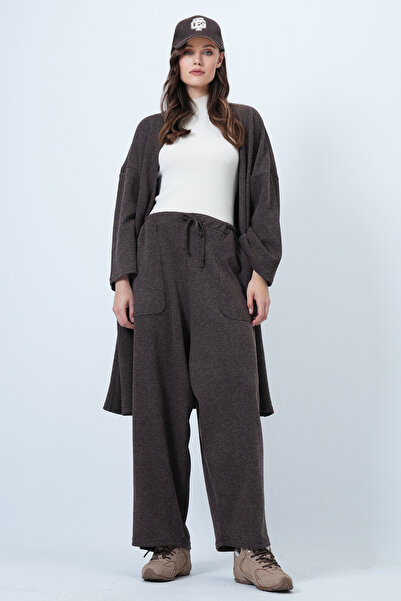Trend Alaçatı Stili Women's Bitter Brown Self Textured Knitted Long Kimono and Double Pocket Palazzo Pants Set Alc-X14387