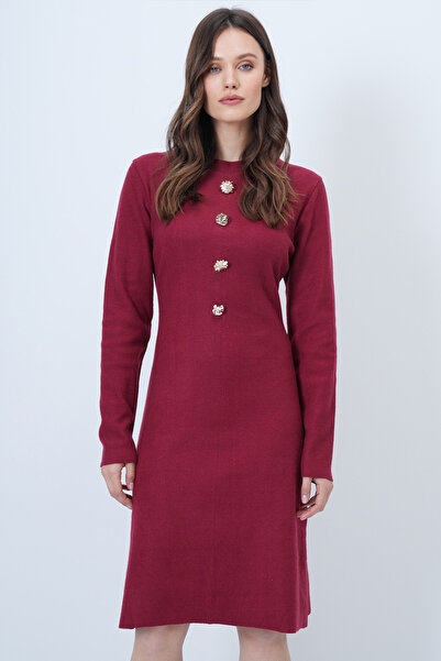 Trend Alaçatı Stili Kadın Bordo Bisiklet Yaka Düğme Detaylı Midi Boy Triko Elbise ALC-X14402