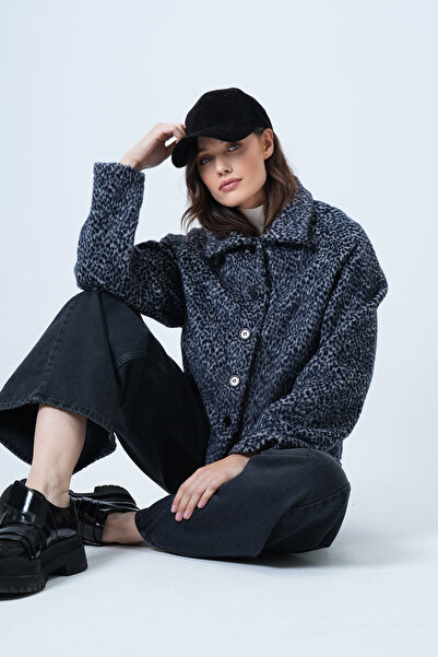 Trend Alaçatı Stili Women's Navy Blue Buttoned Plush Jacket Alc-X14685