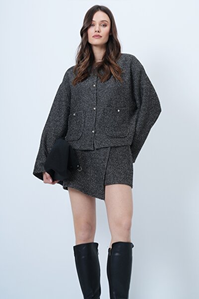 Trend Alaçatı Stili Women's Anthracite Gray Double Pocket Textured Jacket and Wrap-Cut Shorts Skirt Set Alc-X14548