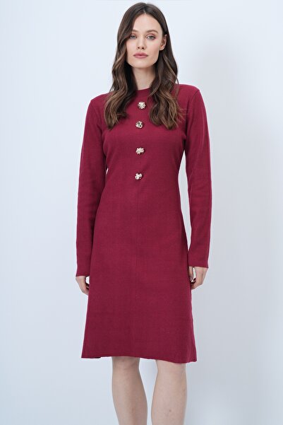 Trend Alaçatı Stili Kadın Bordo Bisiklet Yaka Düğme Detaylı Midi Boy Triko Elbise ALC-X14402