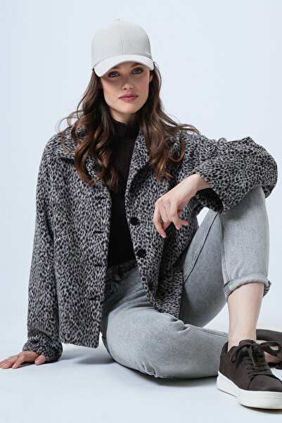 Trend Alaçatı Stili Women's Anthracite Buttoned Plush Jacket Alc-X14685