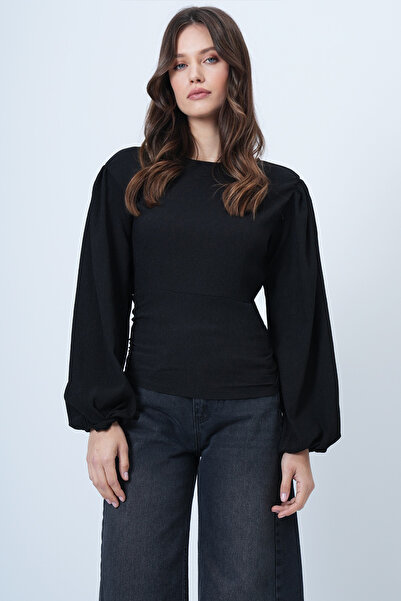 Trend Alaçatı Stili Women's Black Princess Sleeve Boat Neck Waist Corset Blouse Alc-X14684
