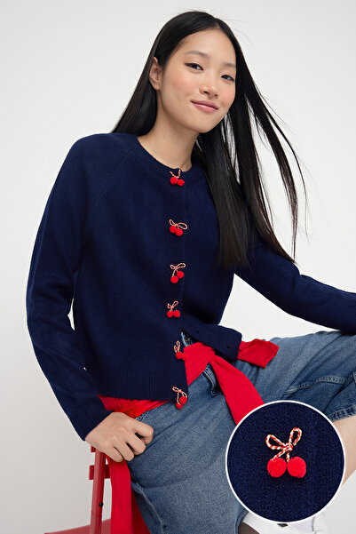 Trendyol Collection Темно-синій светр з капюшоном з вишневим вирізом TWOAW26HI00141